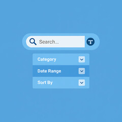 Search bar with filters for category date range and sort by options.