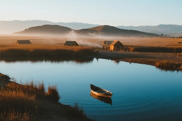 A serene morning scene with a small boat floating on calm water near rustic cabins in a misty landscape