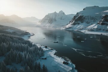 Snow-covered mountains and forest surround a partially frozen lake in a serene winter landscape