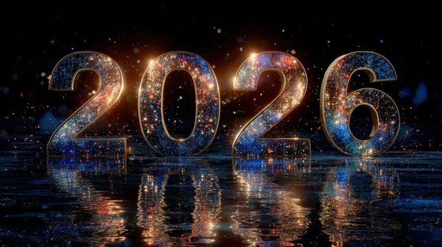 Sparkling celestial digits represent the upcoming year twenty twenty six above a reflective dark surface
