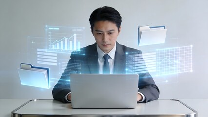 Businessman working on laptop with data visuals