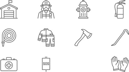 Firefighting safety equipment icons featuring fire station tools, firefighter gear, emergency response symbols, rescue tools, and protective equipment in clean line style