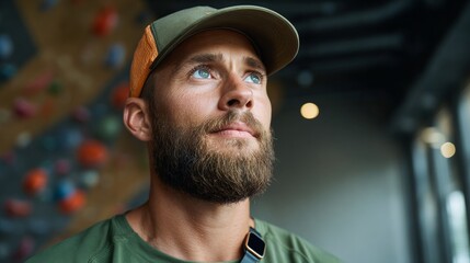 Man in gym looking at climbing wall.