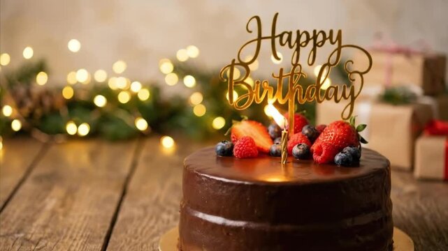 A decadent chocolate cake, adorned with fresh berries and a lit candle, features a 'Happy Birthday' topper. Warm bokeh lights and wrapped gifts in the background evoke a joyful, festive, and cozy atmo