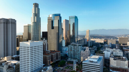 Obraz premium Los Angeles district with skyscrapers. Aerial panorama of the LA city. Los Angeles skyline. Modern urban view of Los Angeles with architecture and sky. Los Angeles USA drone photo of downtown skyline.