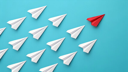 Individual red leader paper plane lead other. Business and leadership