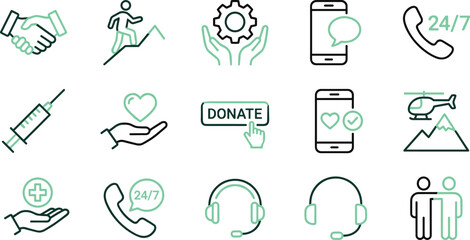 Modern healthcare support icons collection featuring medical assistance, communication services, emergency help, donation symbols, wellness care, and 