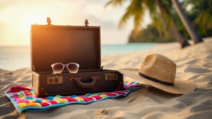 Vintage suitcase on a tropical beach