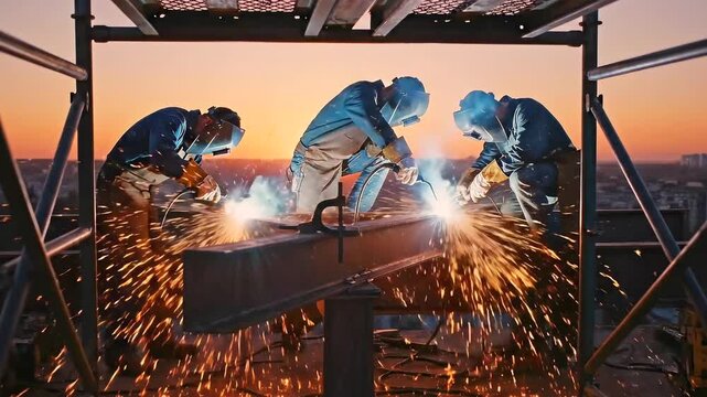 Sunset rooftop welders sparks over skyline, three workers cutting steel on scaffold, bright welding arc and flying sparks, protective helmets and goggles, dramatic orange backlight, urban construction
