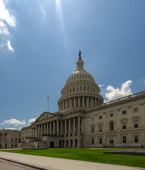 Naklejka premium Washington DC Capitol dome. Congress and Senate building. USA flag over Capitol dome. Election day in Washington. Ceremony at American Capitol. President in front of Congress.