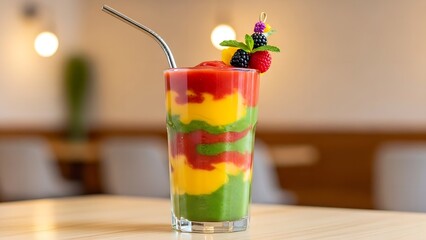 Vibrant layered fruit smoothie in a tall glass with fresh berries and mint garnish