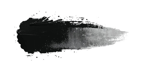 Abstract black and gray ink brush stroke on white background with dynamic sweeping motion and splatter effects. Line, box, brushes, grunge, paint, page, border. Vector brush stock illustrator.