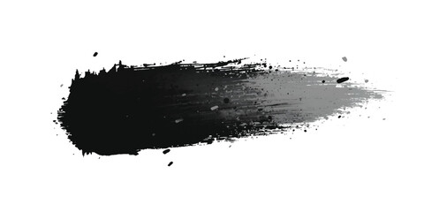 Abstract black and gray ink brush stroke on white background with dynamic sweeping motion and splatter effects. Line, box, brushes, grunge, paint, page, border. Vector brush stock illustrator.