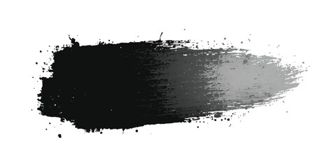 Abstract black and gray ink brush stroke on white background with dynamic sweeping motion and splatter effects. Line, box, brushes, grunge, paint, page, border. Vector brush stock illustrator.