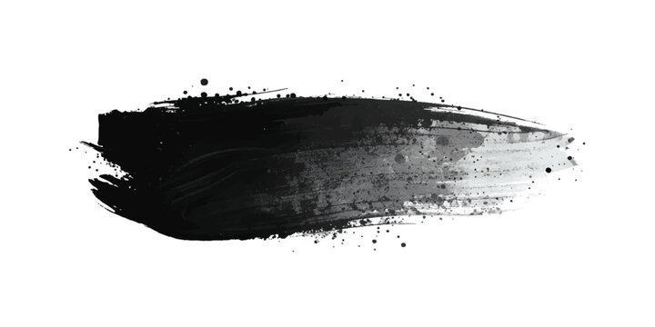 Abstract black and gray ink brush stroke on white background with dynamic sweeping motion and splatter effects. Line, box, brushes, grunge, paint, page, border. Vector brush stock illustrator.
