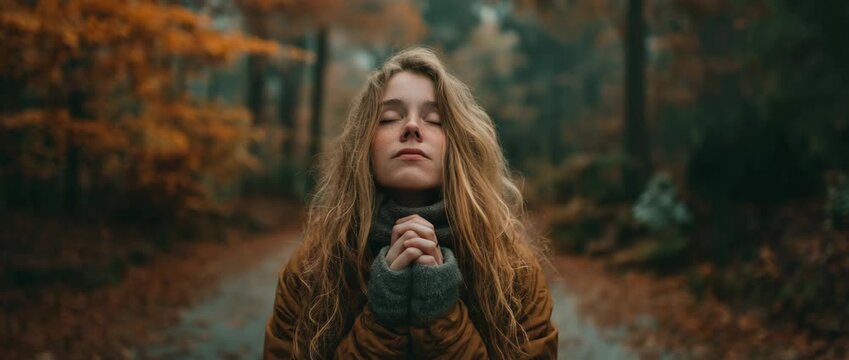A young woman pauses on a path in the autumn and folds her hands in prayer, contemplating religion and way of life.