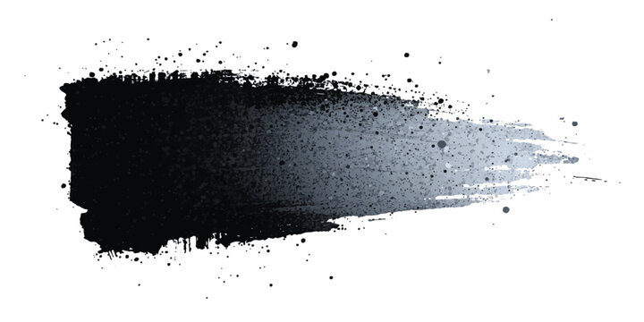 Abstract black and gray ink brush stroke on white background with dynamic sweeping motion and splatter effects. Line, box, brushes, grunge, paint, page, border. Vector brush stock illustrator.