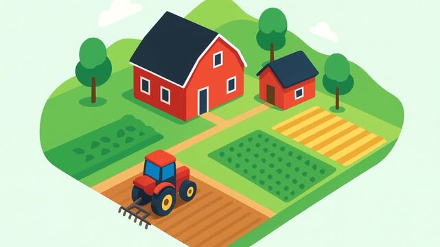 Isometric farm landscape animation with red barn, tractor plowing field, and green crops. Agriculture concept