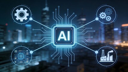 Obraz premium AI technology circuit board with cityscape