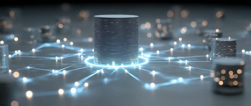 A graphic representation of a centralised data storage facility encircled by network nodes, signifying data management and cloud computing