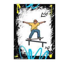 Skater performing a grind on a rail in an urban setting with graffiti art