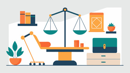 A cartoon drawing of a scale with a bookcase behind it. The scale is balanced with a coin on each side