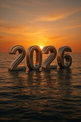 2026 metallic numbers emerging from ocean waves at sunset, new year celebration