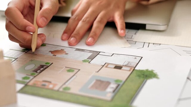 Professional engineer team discussion about house design on meeting table with architectural equipment and building blueprint scatter around at modern office. Focus on hand. Closeup. Delineation.