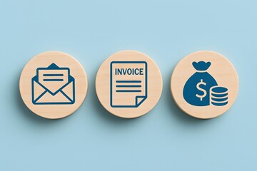 E-invoice and online digital statements concept. Wooden block with invoice icons on blue background