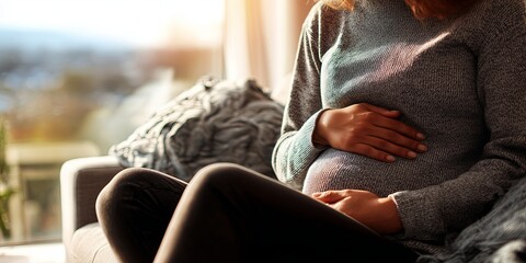 A pregnant woman sits peacefully, cradling her belly in soft sunlight. She wears a cozy grey sweater, radiating calm anticipation for new life.
