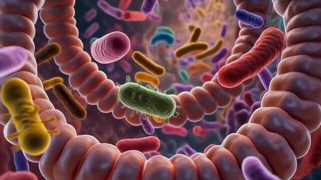 Vibrant microscopic view of bacteria populating the human gut and intestinal environment