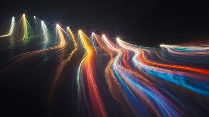 Colorful motion light trails creating dynamic abstract pattern on dark background
