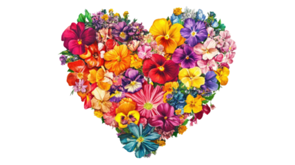 Floral heart art illustration detailed blooming botanical heart shape arrangement isolated on white background