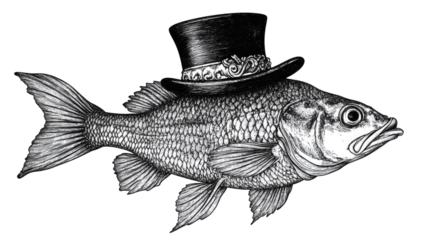 Fish adorned with elegant top hat whimsical aquatic character wearing classy headwear isolated on white background