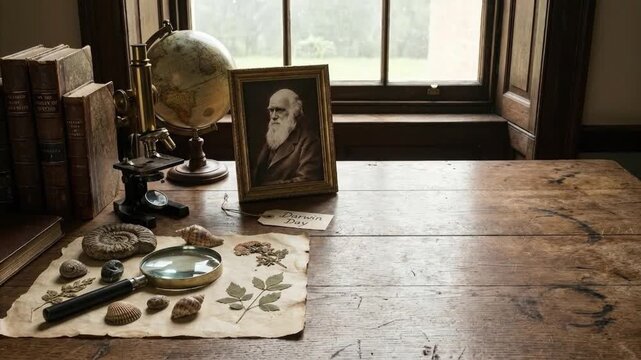 A meticulously arranged vintage desk scene captures the essence of scientific exploration and historical study. An antique wooden desk is adorned with old books, a classic brass microscope, and a vint