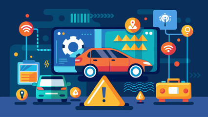 A car is shown on a screen with a red exclamation point and a yellow circle. The car is surrounded by other cars and objects, including a suitcase and a cell phone. Concept of urgency and importance