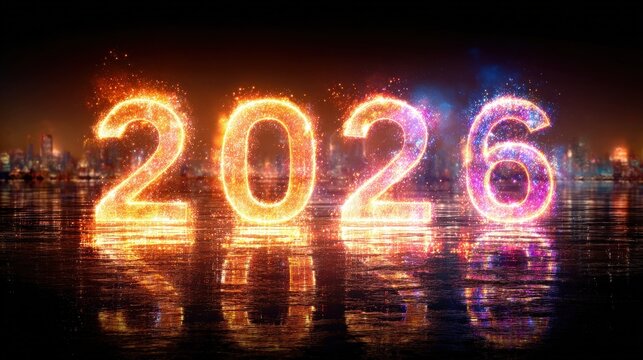 Glowing numerical sequence representing the year two thousand twenty-six illuminates a dark waterfront setting