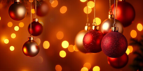 Hanging Christmas ornaments in warm golden light, with red, gold, and pearl baubles . Template for design