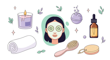A relaxing spa day illustration featuring a woman with a face mask, bath bomb, candle, essential oil, and towel, promoting self-care and beauty treatments.
