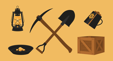 An illustration of classic gold mining equipment featuring a lantern, pickaxe, shovel, gold pan with nuggets, and a wooden crate.