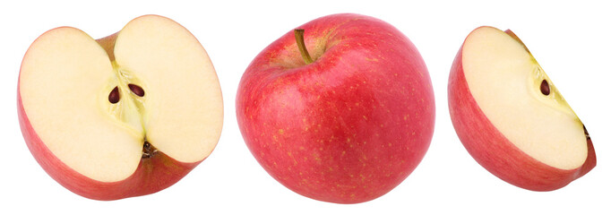 pink apple, half and slices isolated, transparent PNG, PNG format, cut out