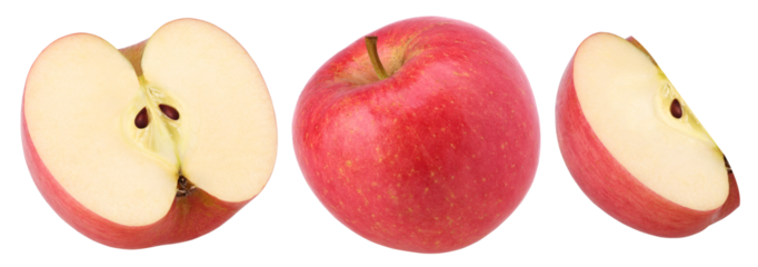 pink apple, half and slices isolated, transparent PNG, PNG format, cut out