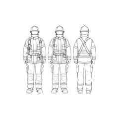 Firefighter suit line art realistic uniform drawing concept
