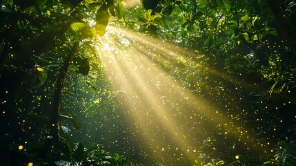 Fototapeta premium Dreamy sunbeams illuminate forest high resolution picture