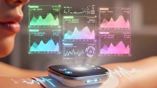 wearable patch on womans arm projecting colorful health charts, bedside setting, soft ambient light, compact device displaying realtime analytics and waveforms, intimate clinical atmosphere