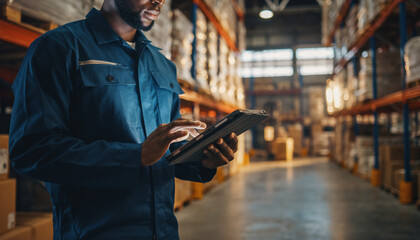 Logistics worker using digital tablet for inventory management in large distribution warehouse