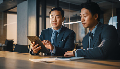 Two professional Asian businessmen discussing project data on digital tablet in modern office