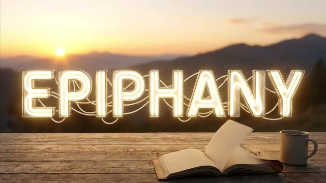 A radiant, neon-style text spelling out "EPIPHANY" illuminates a breathtaking sunrise or sunset mountain landscape. The golden hour light casts a warm, ethereal glow over the distant peaks and the exp