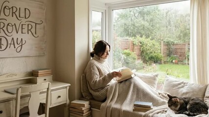 A serene and cozy domestic scene unfolds as a young woman finds comfort and tranquility at home, seated by a sunlit window. She is engrossed in reading a book, gently sipping from a warm mug, wrapped 