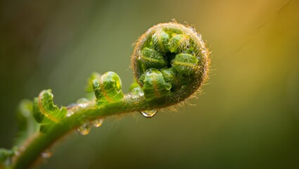 emerging fern frond with dew drops in golden hour light